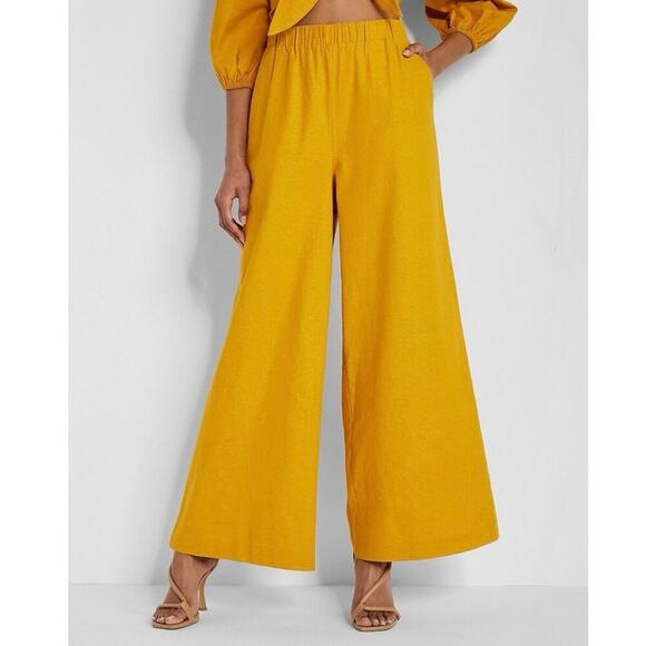Express High Waisted Linen Blend Pull On Wide Leg Pant Women’s Size Small Yellow - Picture 1 of 10